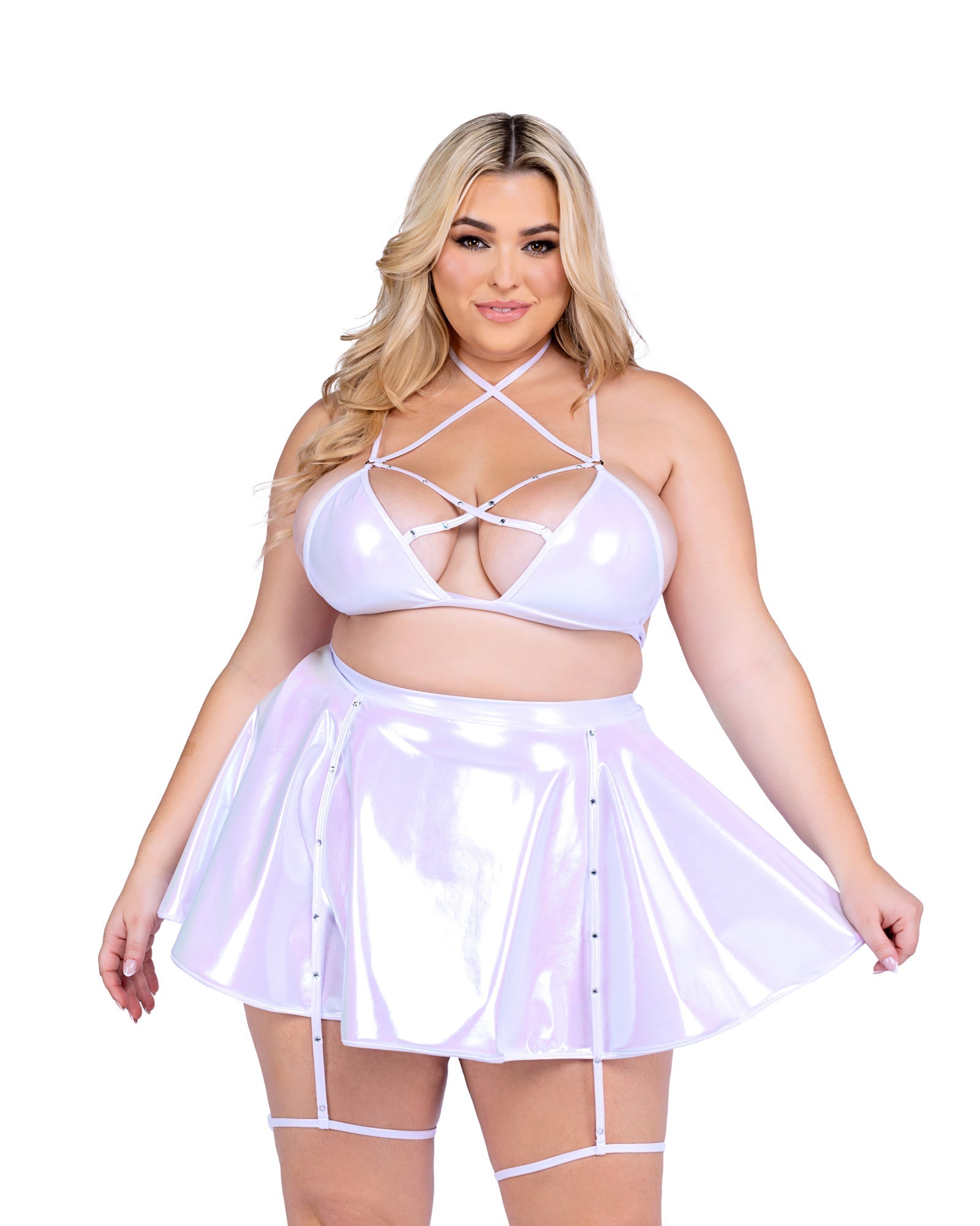 Plus size white metallic rhinestone strap skirt rave outfit, view 4